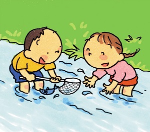 イラスト：川で遊ぶ子供たち