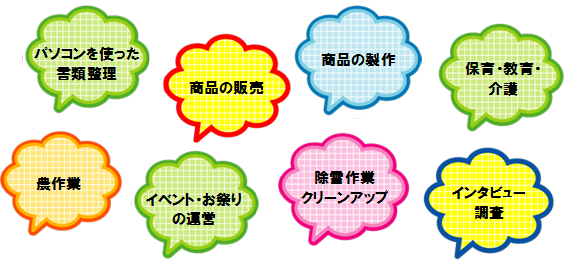 パソコンを使った書類整理。商品の販売。商品の制作。保険・教育・介護。農作業。イベント・お祭りの運営。除雪作業クリーンアップ。インタビュー調査